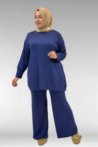 67007 Büyük Beden Kol Ve Etek Ucu Kendinden Ribanalı Pantolonlu Takım - İndigo - 3