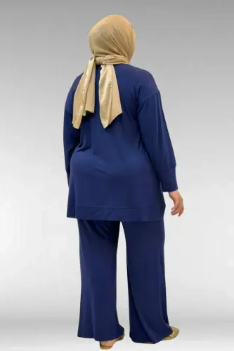 67007 Büyük Beden Kol Ve Etek Ucu Kendinden Ribanalı Pantolonlu Takım - İndigo - 4