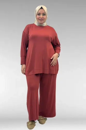 67007 Büyük Beden Kol Ve Etek Ucu Kendinden Ribanalı Pantolonlu Takım - Kiremit - 3