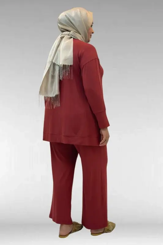 67007 Büyük Beden Kol Ve Etek Ucu Kendinden Ribanalı Pantolonlu Takım - Kiremit - 4