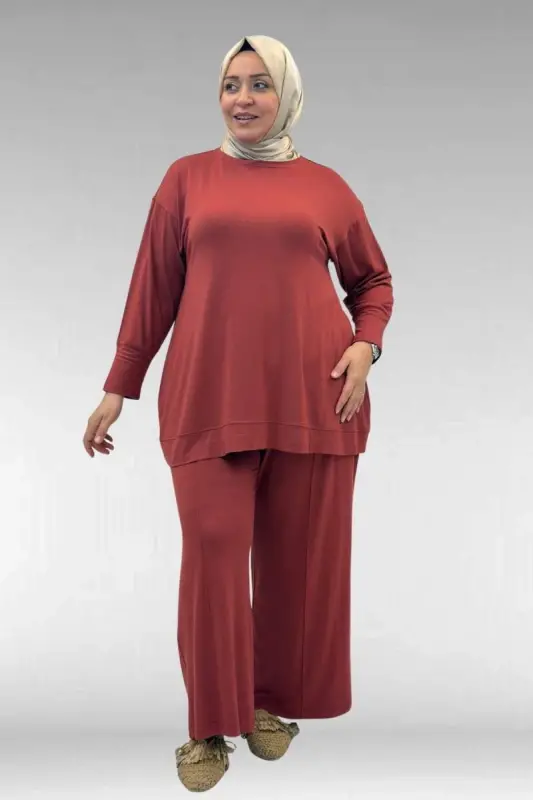 67007 Büyük Beden Kol Ve Etek Ucu Kendinden Ribanalı Pantolonlu Takım - Kiremit - BÜYÜKBEDENIZ