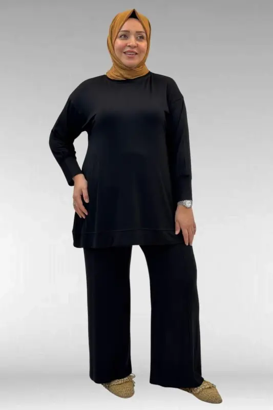 67007 Büyük Beden Kol Ve Etek Ucu Kendinden Ribanalı Pantolonlu Takım - Siyah - BÜYÜKBEDENIZ