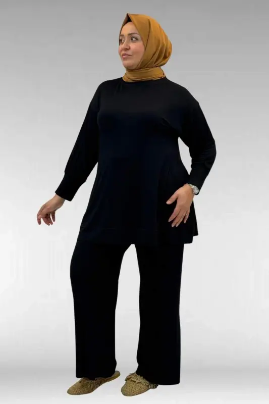 67007 Büyük Beden Kol Ve Etek Ucu Kendinden Ribanalı Pantolonlu Takım - Siyah - 3