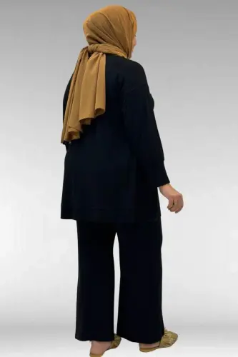67007 Büyük Beden Kol Ve Etek Ucu Kendinden Ribanalı Pantolonlu Takım - Siyah - 4