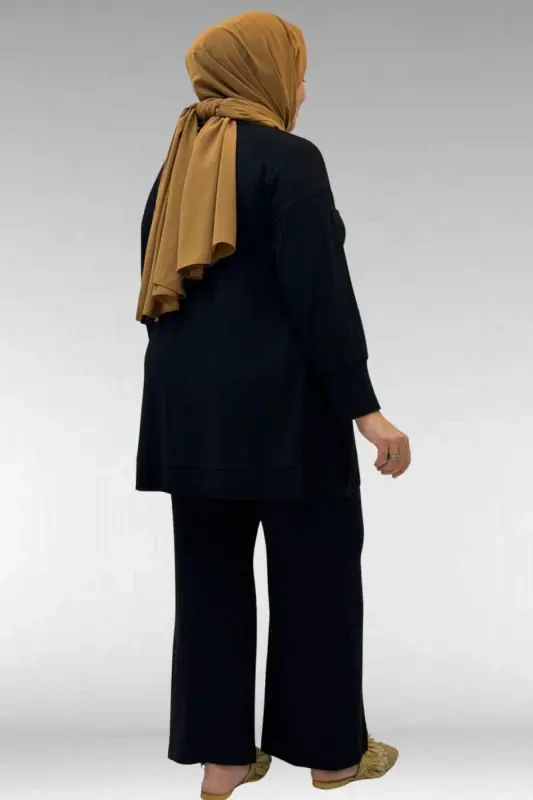 67007 Büyük Beden Kol Ve Etek Ucu Kendinden Ribanalı Pantolonlu Takım - Siyah - 4