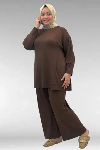 67007 Plus Size Ribbed Cuff and Hem Trouser Set - Brown - 1