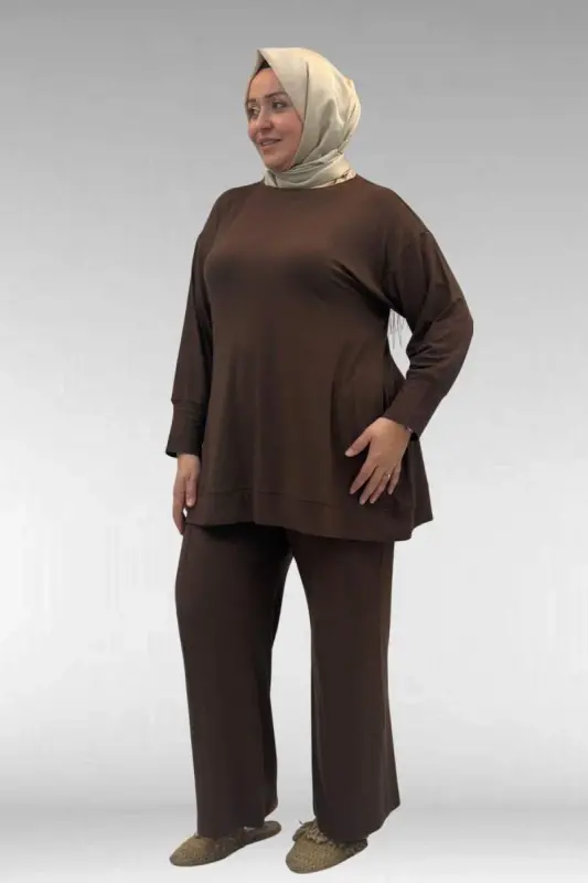 67007 Plus Size Ribbed Cuff and Hem Trouser Set - Brown - 3