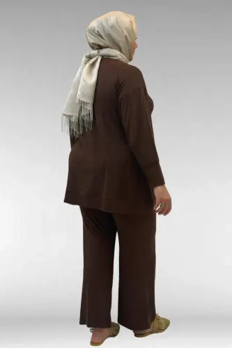 67007 Plus Size Ribbed Cuff and Hem Trouser Set - Brown - 4