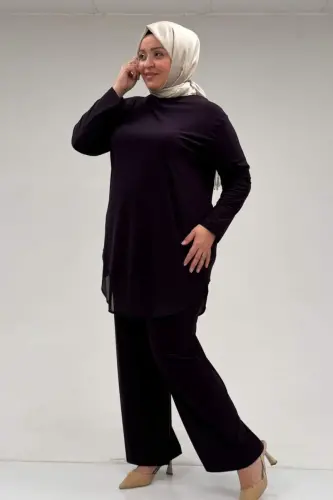 67009 Büyük Beden Etek Ucu Şifon Detaylı Sandy Pantolonlu Takım - Mor - BÜYÜKBEDENIZ (1)