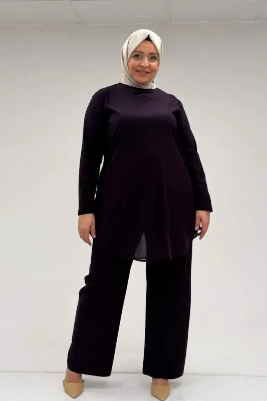 67009 Büyük Beden Etek Ucu Şifon Detaylı Sandy Pantolonlu Takım - Mor - 1