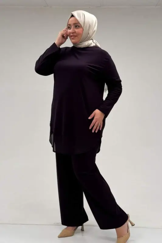 67009 Büyük Beden Etek Ucu Şifon Detaylı Sandy Pantolonlu Takım - Mor - 2