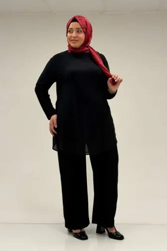 67009 Büyük Beden Etek Ucu Şifon Detaylı Sandy Pantolonlu Takım - Siyah - 2
