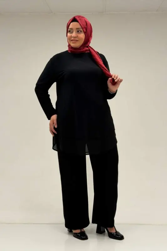 67009 Büyük Beden Etek Ucu Şifon Detaylı Sandy Pantolonlu Takım - Siyah - 2