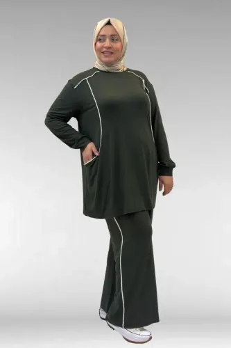 67012 Büyük Beden Biye Detaylı Penye Pantolonlu Takım - Haki - 3