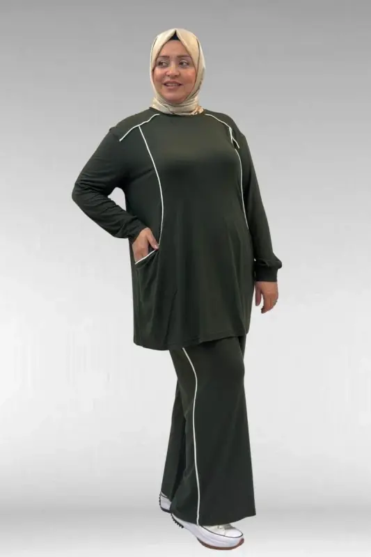 67012 Büyük Beden Biye Detaylı Penye Pantolonlu Takım - Haki - 3