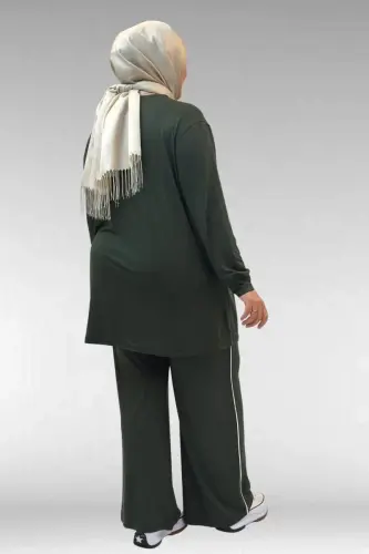 67012 Büyük Beden Biye Detaylı Penye Pantolonlu Takım - Haki - 4