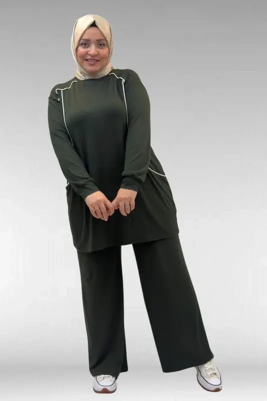 67012 Büyük Beden Biye Detaylı Penye Pantolonlu Takım - Haki - BÜYÜKBEDENIZ