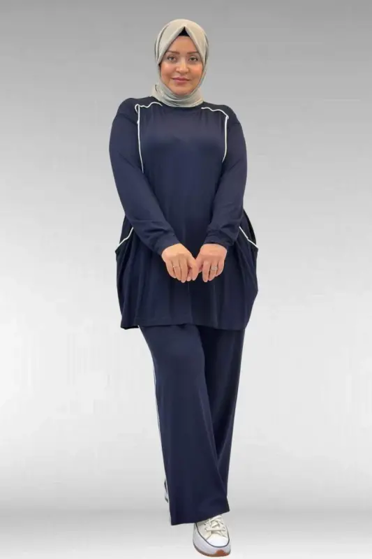 67012 Büyük Beden Biye Detaylı Penye Pantolonlu Takım - Lacivert - 1