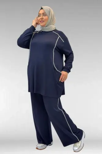 67012 Büyük Beden Biye Detaylı Penye Pantolonlu Takım - Lacivert - 3