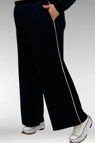 67012 Büyük Beden Biye Detaylı Penye Pantolonlu Takım - Siyah - 3