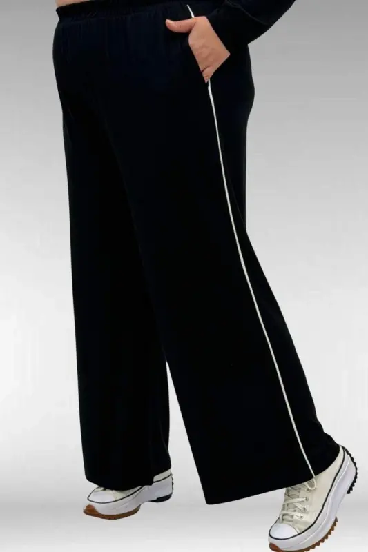 67012 Büyük Beden Biye Detaylı Penye Pantolonlu Takım - Siyah - 3