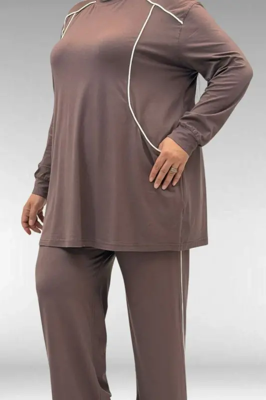 67012 Büyük Beden Biye Detaylı Penye Pantolonlu Takım - Vizon - 3