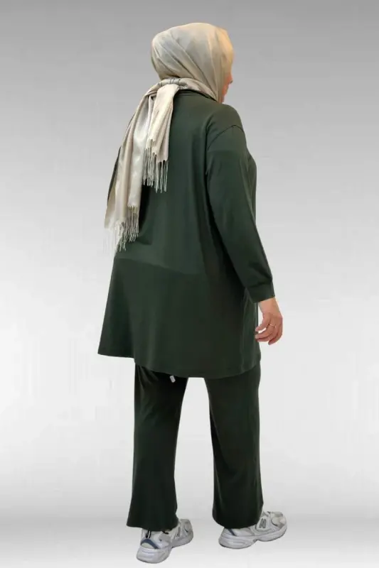 67014 Büyük Beden Parçalı Yakalı Fermuarlı Pantolonlu Penye Takım - Haki - 3