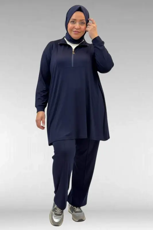 67014 Büyük Beden Parçalı Yakalı Fermuarlı Pantolonlu Penye Takım - Lacivert - 1