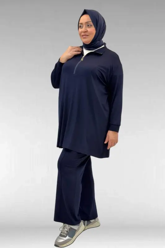 67014 Büyük Beden Parçalı Yakalı Fermuarlı Pantolonlu Penye Takım - Lacivert - 2
