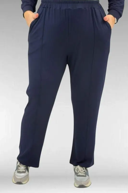 67014 Büyük Beden Parçalı Yakalı Fermuarlı Pantolonlu Penye Takım - Lacivert - 3