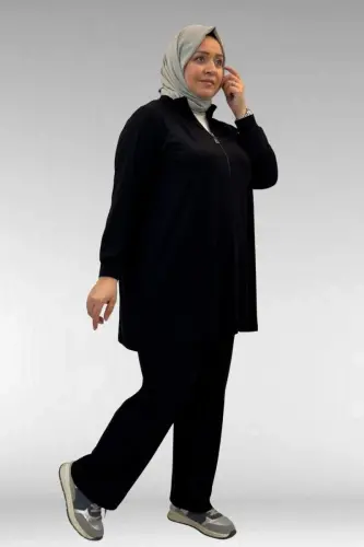 67014 Büyük Beden Parçalı Yakalı Fermuarlı Pantolonlu Penye Takım - Siyah - BÜYÜKBEDENIZ (1)