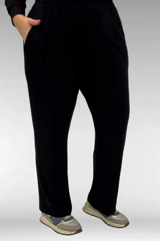 67014 Büyük Beden Parçalı Yakalı Fermuarlı Pantolonlu Penye Takım - Siyah - 3