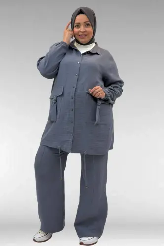 67015 Büyük Beden Cepleri D Toka Detaylı Müslin Pantolonlu Takım - Antrasit - 1