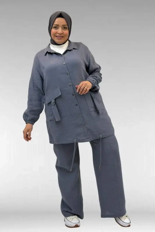 67015 Büyük Beden Cepleri D Toka Detaylı Müslin Pantolonlu Takım - Antrasit - 3