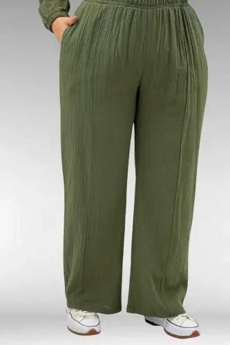 67015 Büyük Beden Cepleri D Toka Detaylı Müslin Pantolonlu Takım - Haki - 3