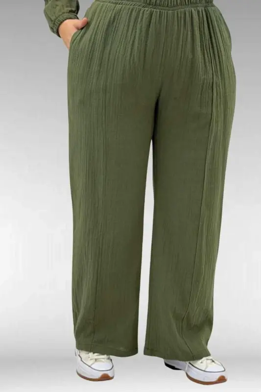 67015 Büyük Beden Cepleri D Toka Detaylı Müslin Pantolonlu Takım - Haki - 3