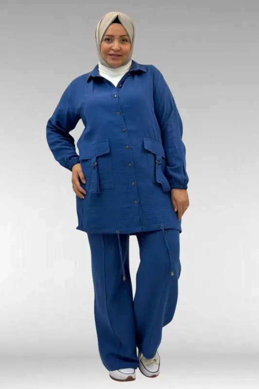 67015 Büyük Beden Cepleri D Toka Detaylı Müslin Pantolonlu Takım - İndigo - 1