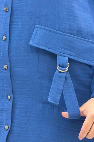 67015 Büyük Beden Cepleri D Toka Detaylı Müslin Pantolonlu Takım - İndigo - BÜYÜKBEDENIZ (1)