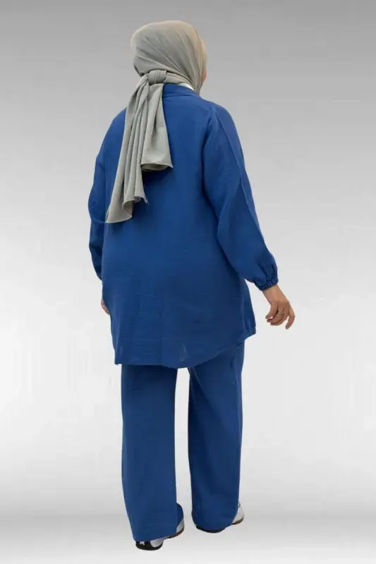 67015 Büyük Beden Cepleri D Toka Detaylı Müslin Pantolonlu Takım - İndigo - 4