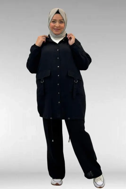 67015 Büyük Beden Cepleri D Toka Detaylı Müslin Pantolonlu Takım - Siyah - 1