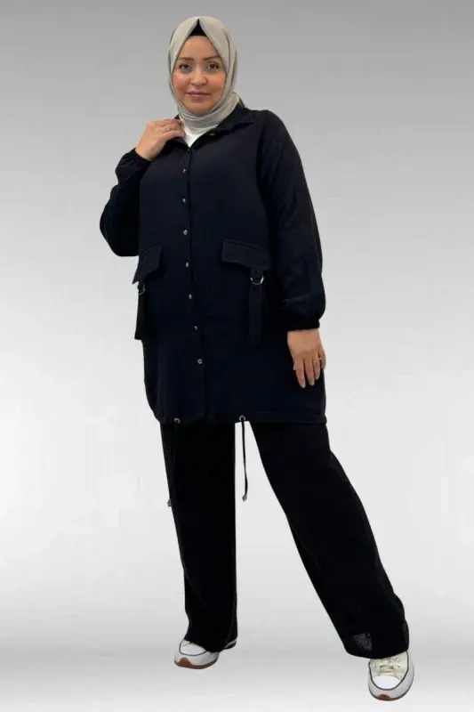 67015 Büyük Beden Cepleri D Toka Detaylı Müslin Pantolonlu Takım - Siyah - 2