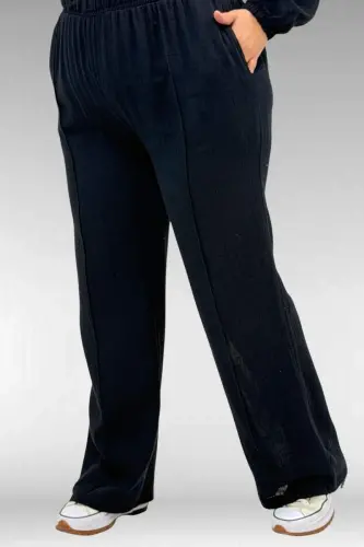 67015 Büyük Beden Cepleri D Toka Detaylı Müslin Pantolonlu Takım - Siyah - 3