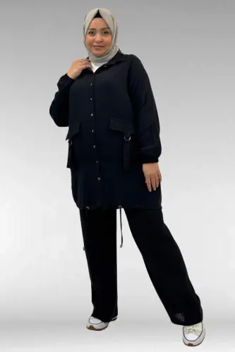 67015 Büyük Beden Cepleri D Toka Detaylı Müslin Pantolonlu Takım - Siyah - BÜYÜKBEDENIZ (1)