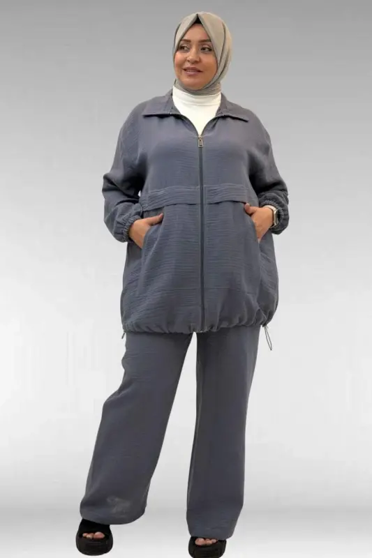 67016 Büyük Beden Kol Ve Etek Ucu Lastik Detaylı Müslin Pantolonlu Takım - Antrasit - 1