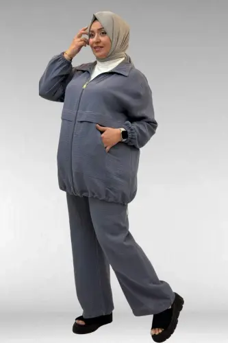 67016 Büyük Beden Kol Ve Etek Ucu Lastik Detaylı Müslin Pantolonlu Takım - Antrasit - 2