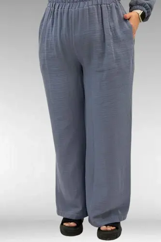 67016 Büyük Beden Kol Ve Etek Ucu Lastik Detaylı Müslin Pantolonlu Takım - Antrasit - 3