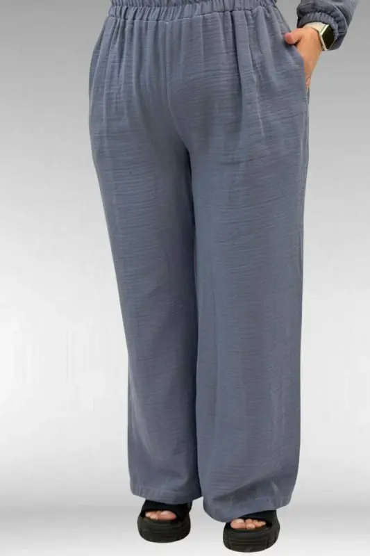 67016 Büyük Beden Kol Ve Etek Ucu Lastik Detaylı Müslin Pantolonlu Takım - Antrasit - 3