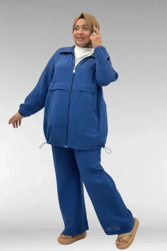 67016 Büyük Beden Kol Ve Etek Ucu Lastik Detaylı Müslin Pantolonlu Takım - İndigo - BÜYÜKBEDENIZ (1)