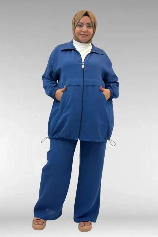 67016 Büyük Beden Kol Ve Etek Ucu Lastik Detaylı Müslin Pantolonlu Takım - İndigo - BÜYÜKBEDENIZ