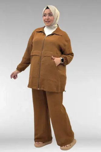 67016 Büyük Beden Kol Ve Etek Ucu Lastik Detaylı Müslin Pantolonlu Takım - Kahve - 2